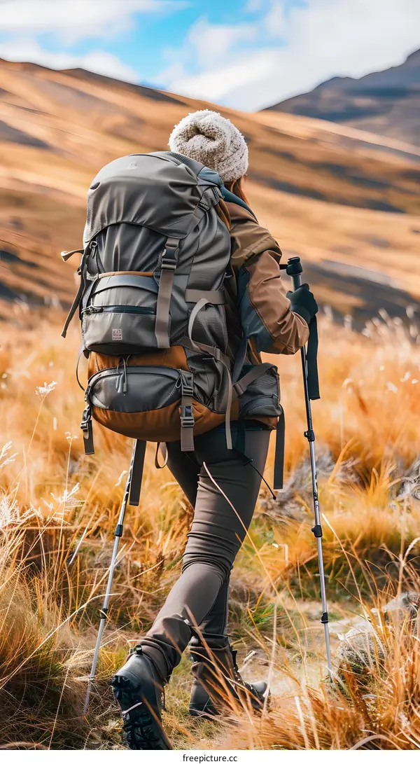 Woman Hiking With Backpack In Mountains
