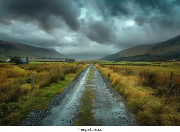 Rural road through the valley with stormy sky