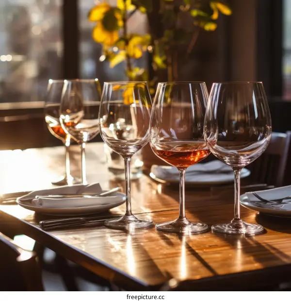 Four partially filled wine glasses on a wooden table in a restaurant
