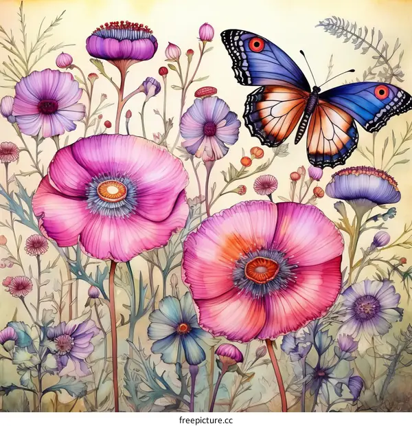 Pink flowers and blue butterfly