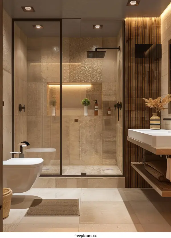 Modern Beige Bathroom Design with Glass Shower Enclosure