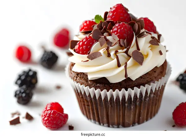 A chocolate cupcake with raspberries and blackberries
