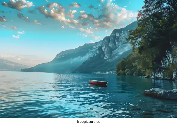 Scenic View of a Mountain Lake with a Single Boat