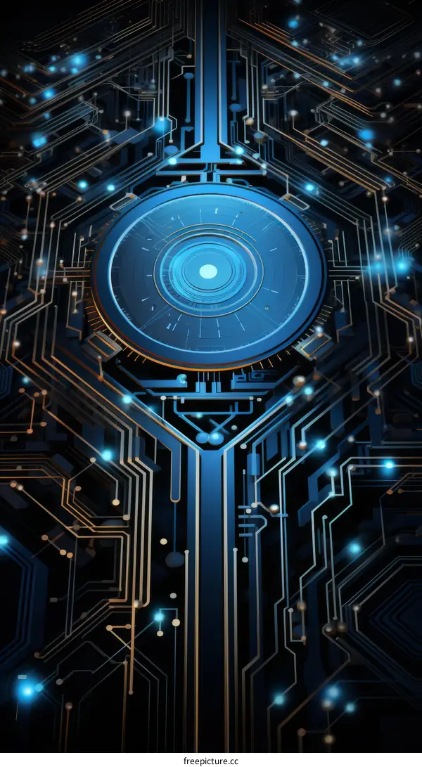 Glowing Blue Circuit Board with Gold Accents