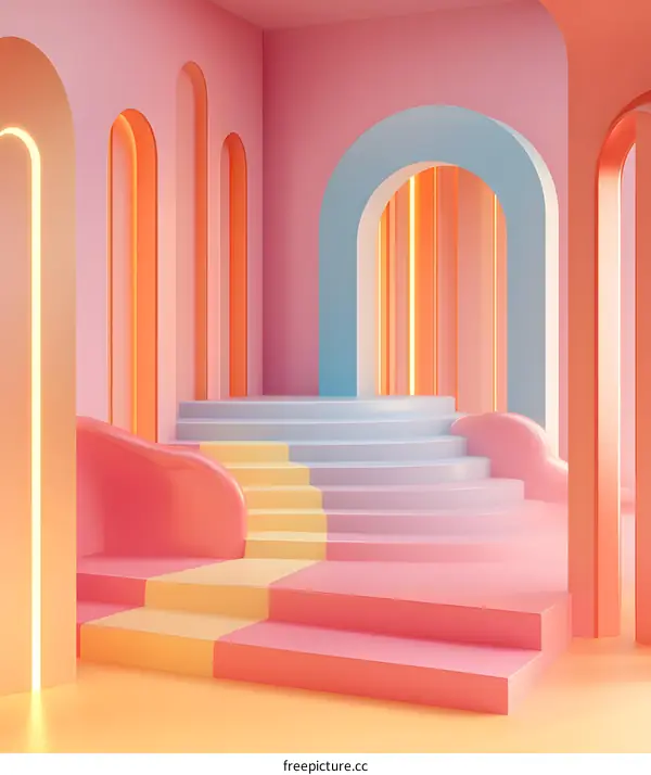 Abstract 3D Render With Pastel Colors And Arched Doorways