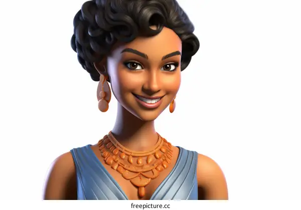 Smiling Black Woman in Blue Dress with Orange Necklace