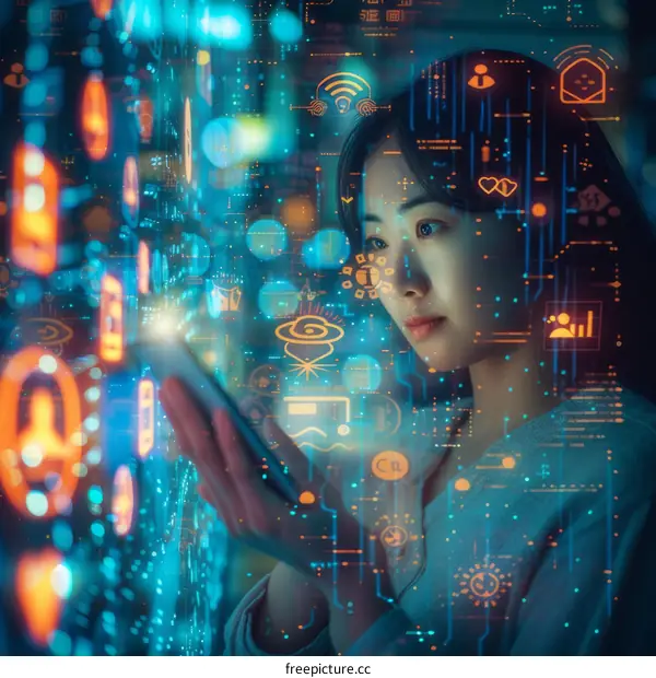 Asian woman in front of a digital screen