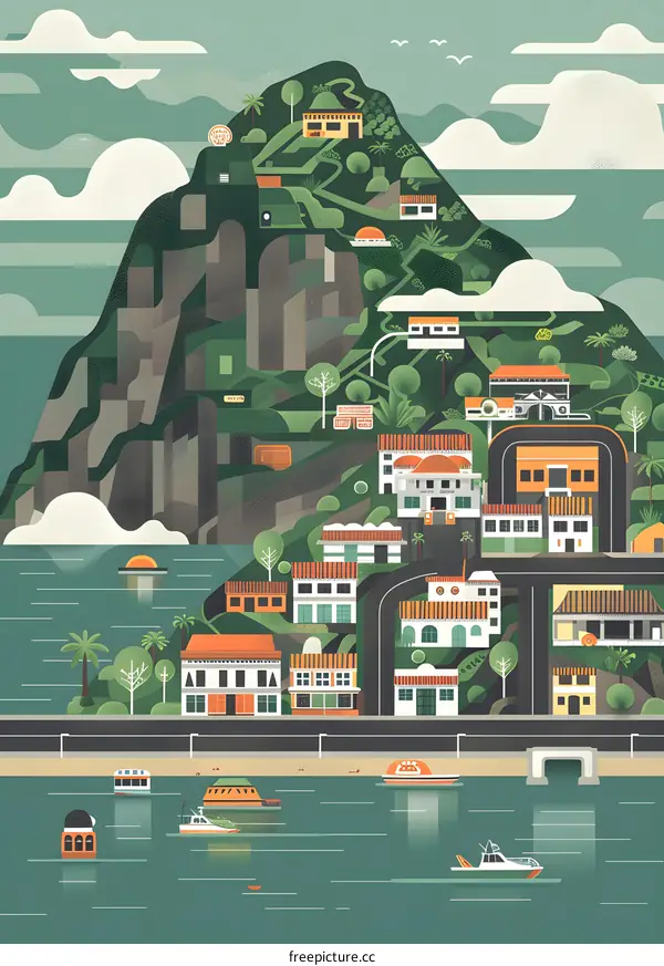 Coastal Town Illustration With Buildings And Mountain In The Background