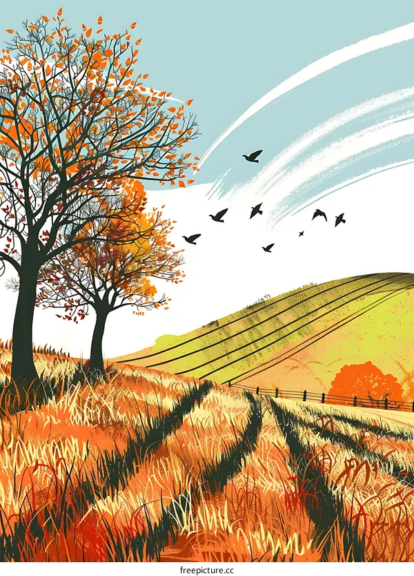 Autumn Landscape with Birds Flying Over Hills