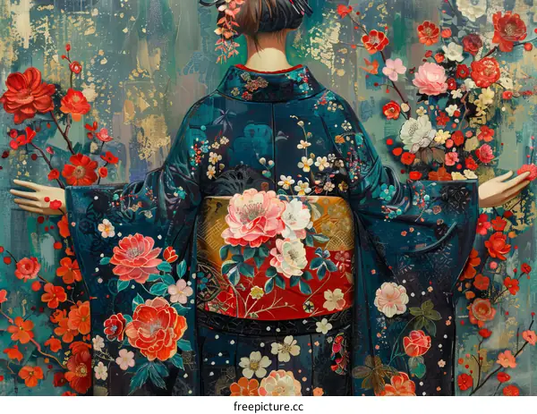 A woman wearing a kimono with a floral pattern