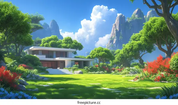 Modern house in a beautiful landscape with mountains and trees