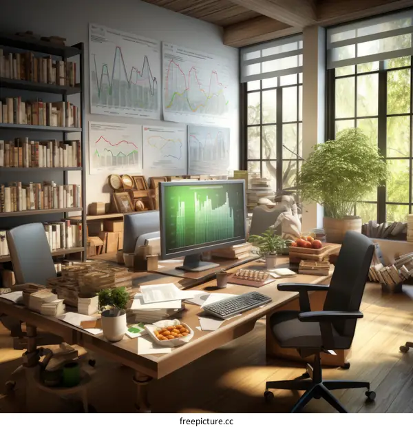 A home office with a large desk, computer, and bookshelves.