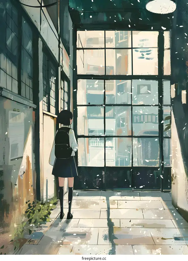 Girl Standing in a Hallway Looking out a Window