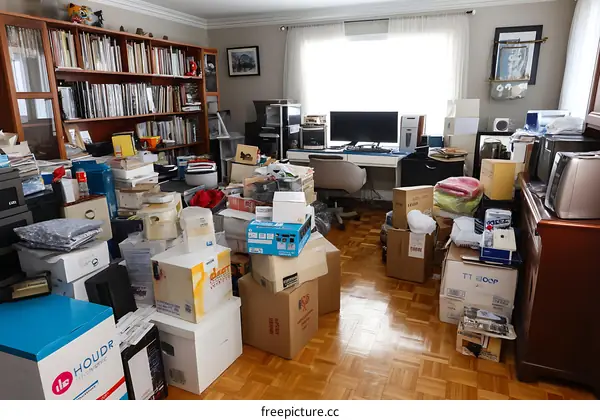 Cluttered Home Office Room Packed with Boxes