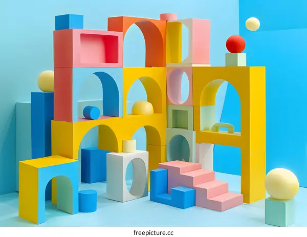 Colorful 3D geometric shapes composition