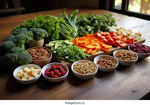A variety of fresh vegetables and fruits on a wooden table