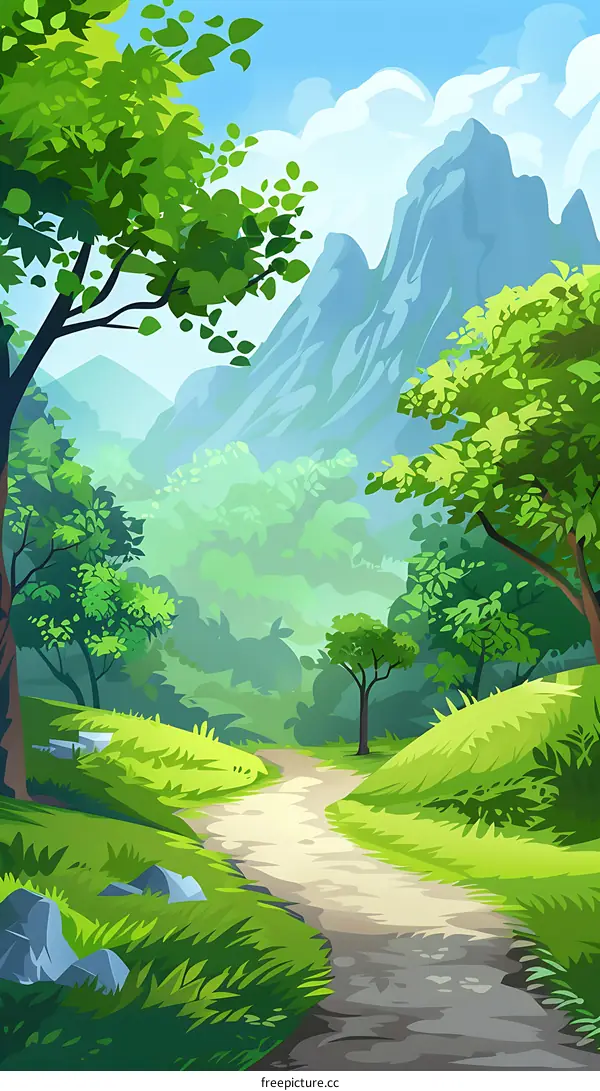 Green Forest Landscape With Mountain Range And Winding Path