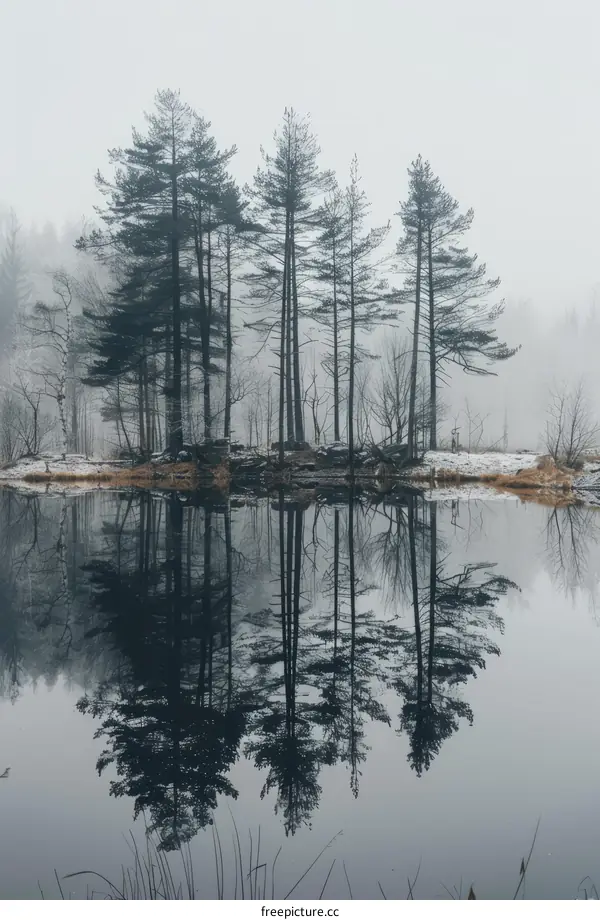 Serene Foggy Lake with Trees