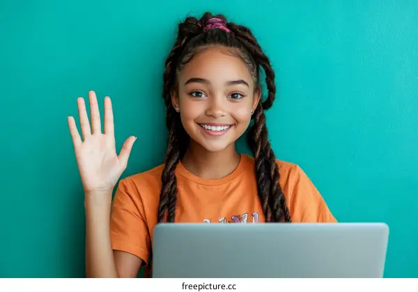 Smiling Girl with Laptop and Friendly Gesture