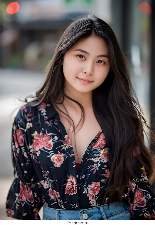Beautiful Asian Woman Portrait With Floral Blouse