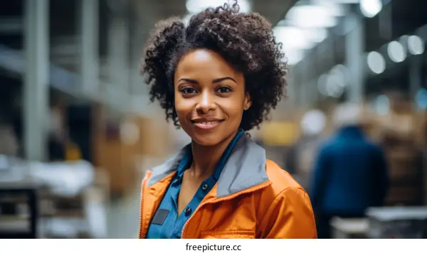 Portrait of a smiling young African American woman in a warehouse