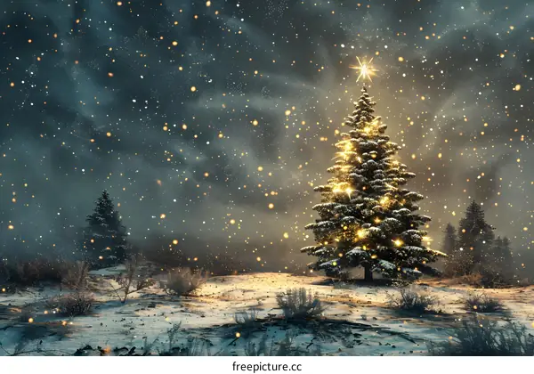Christmas Tree in Snowy Forest