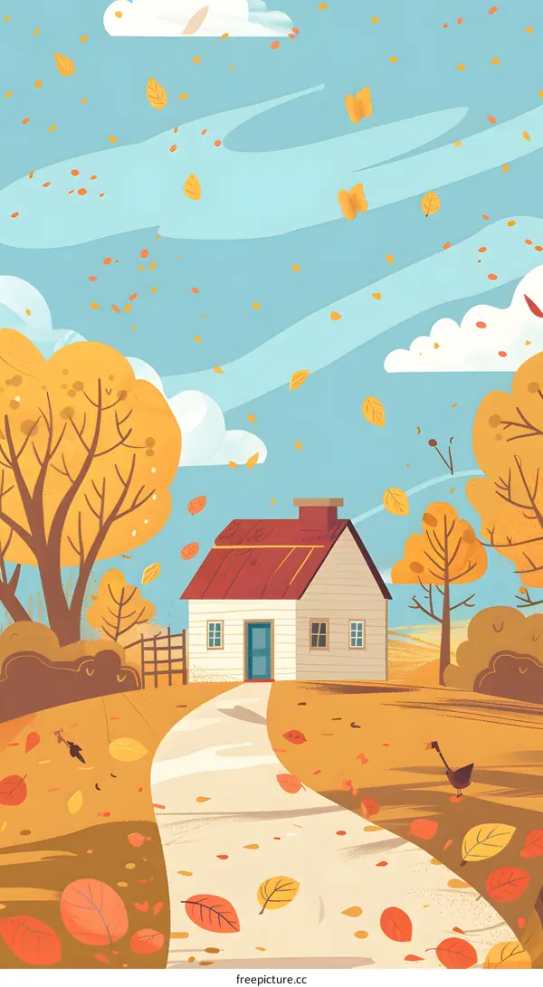 Autumn House Illustration with Falling Leaves