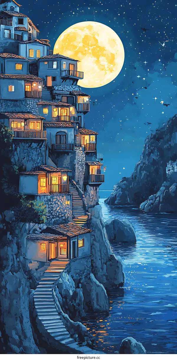 Nighttime Village by the Sea with Full Moon
