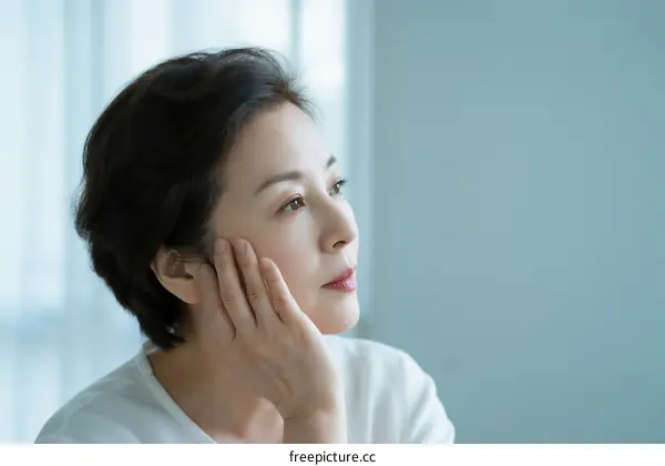 Mature Woman Touching Face with Soft Light in Bright Room