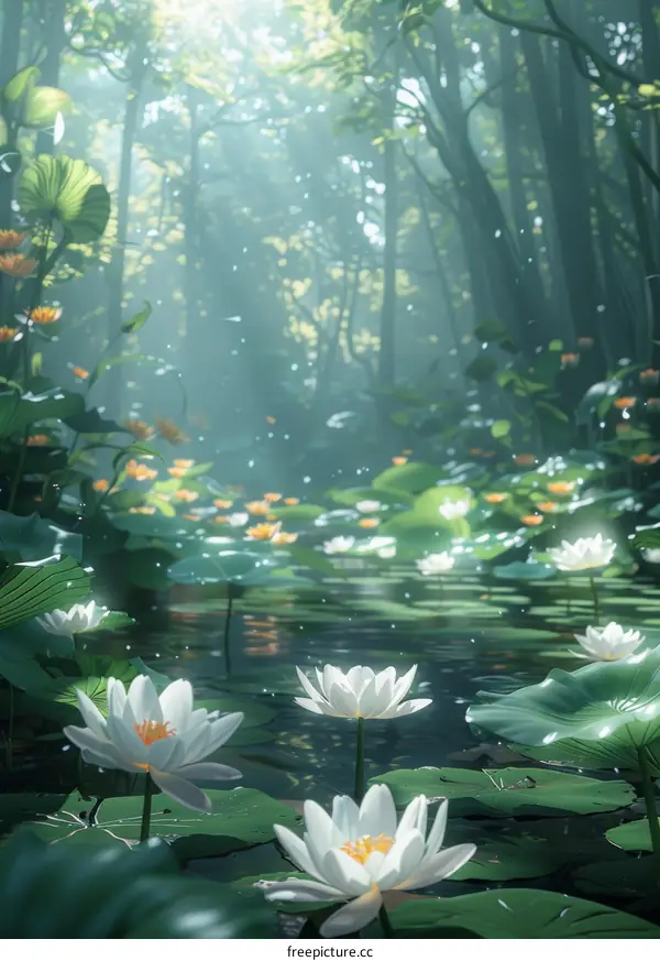 White and Yellow Lotus Blossoms in a Tranquil Forest Pond