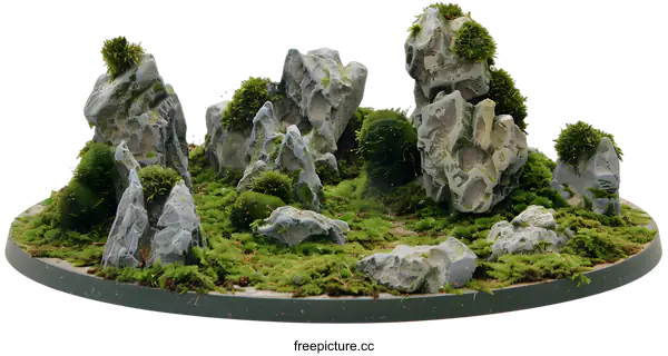 [Transparent Background PNG]Miniature Rock and Moss Landscape with Green Grass