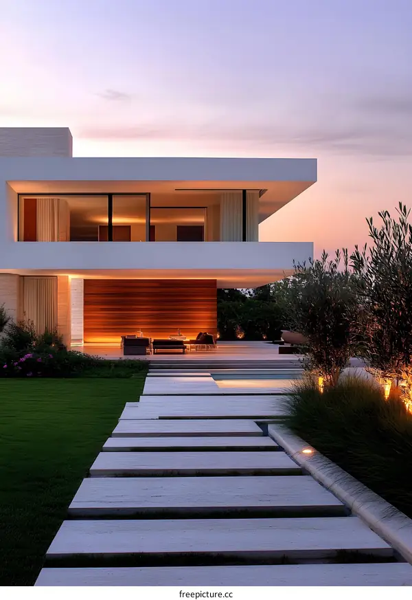 Modern Architecture House with Stone Pathway in the Garden