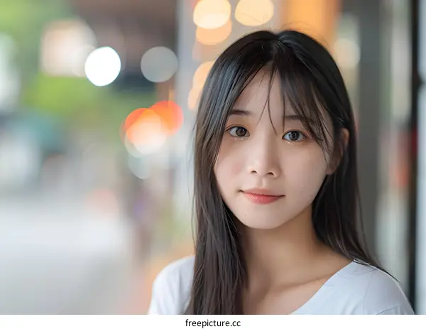 Close Up Portrait of Young Asian Woman with Long Black Hair