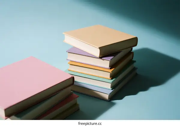 Colorful Books Stacked on Light Blue Background