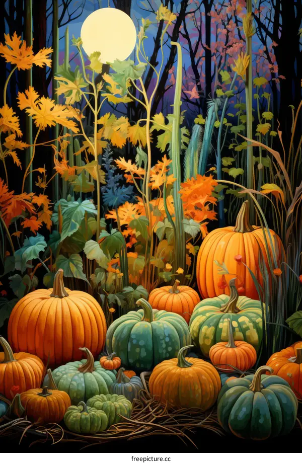 Pumpkin Patch Illustration at Night
