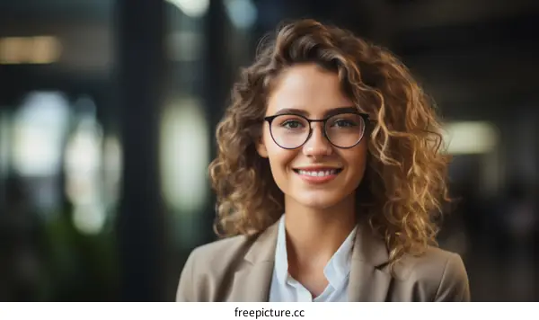 Portrait of a young professional woman smiling wearing glasses and a suit