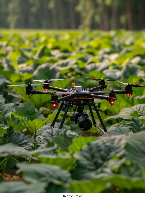 A drone is flying over a field of green plants.