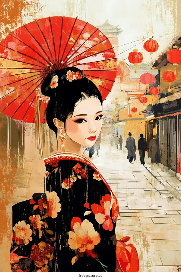 Geisha Woman in Traditional Kimono and Red Umbrella in Street Setting