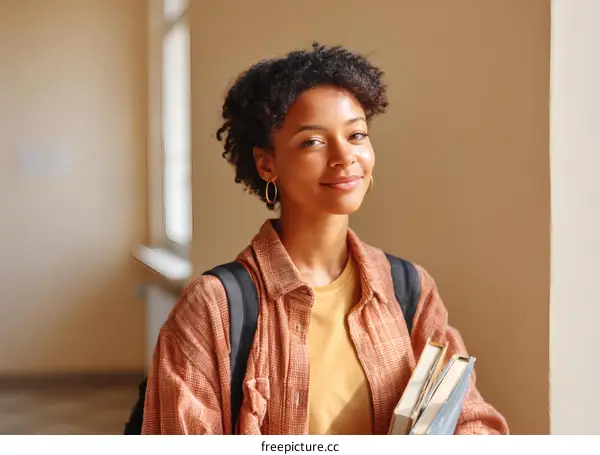 Young Black Woman Student Carrying Books in Campus