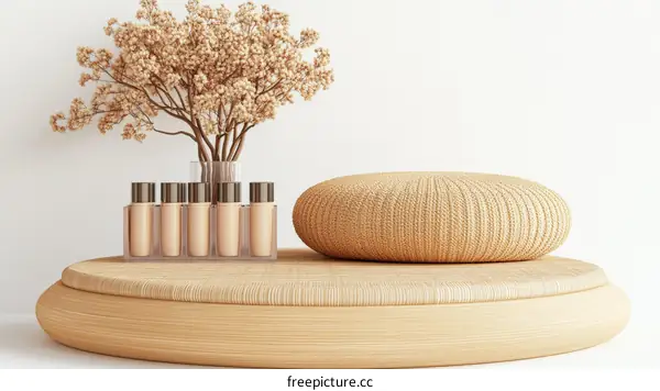 Beige Cosmetic Display with Dried Flowers and Round Cushions