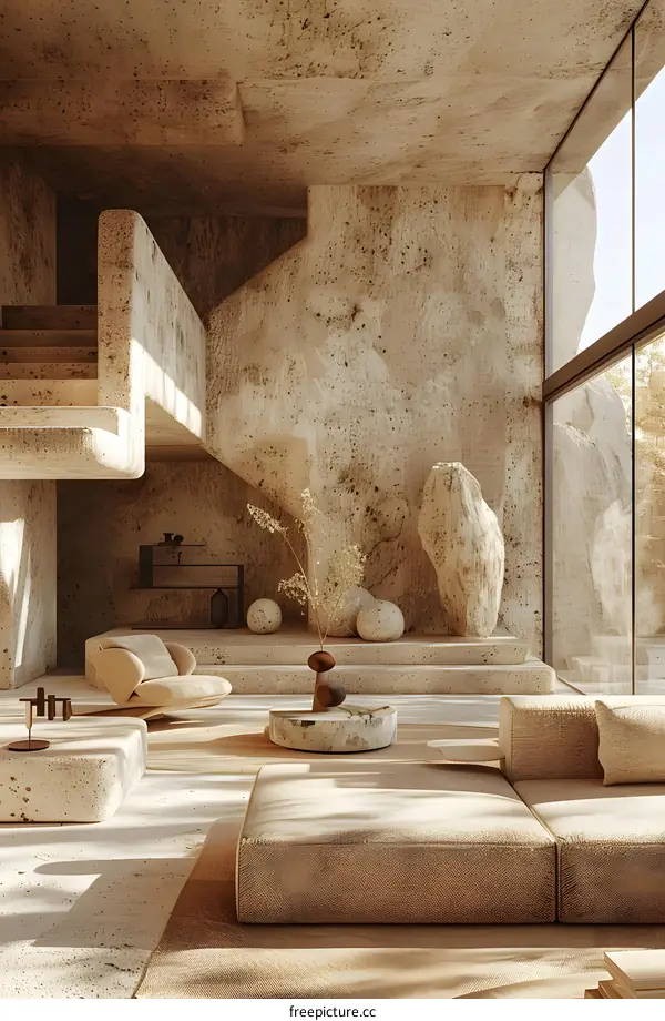 Modern interior space with stone walls and large windows