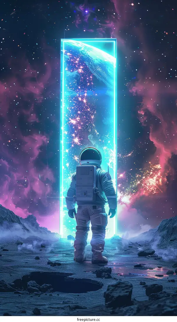 Astronaut in front of a portal to another galaxy