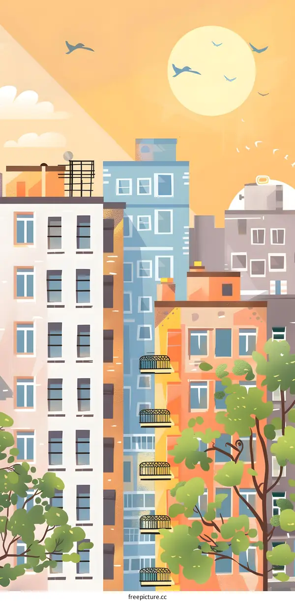 Colorful City Buildings Illustration With Green Trees