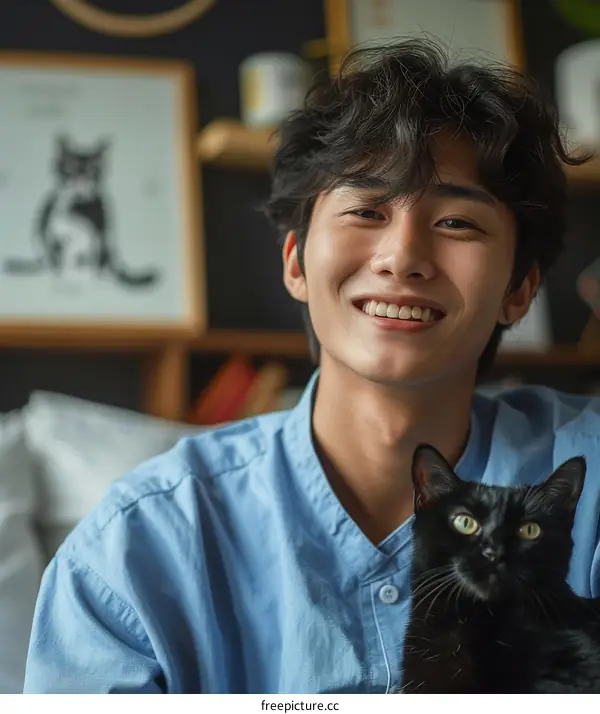 A young Asian man with a black cat on his shoulder