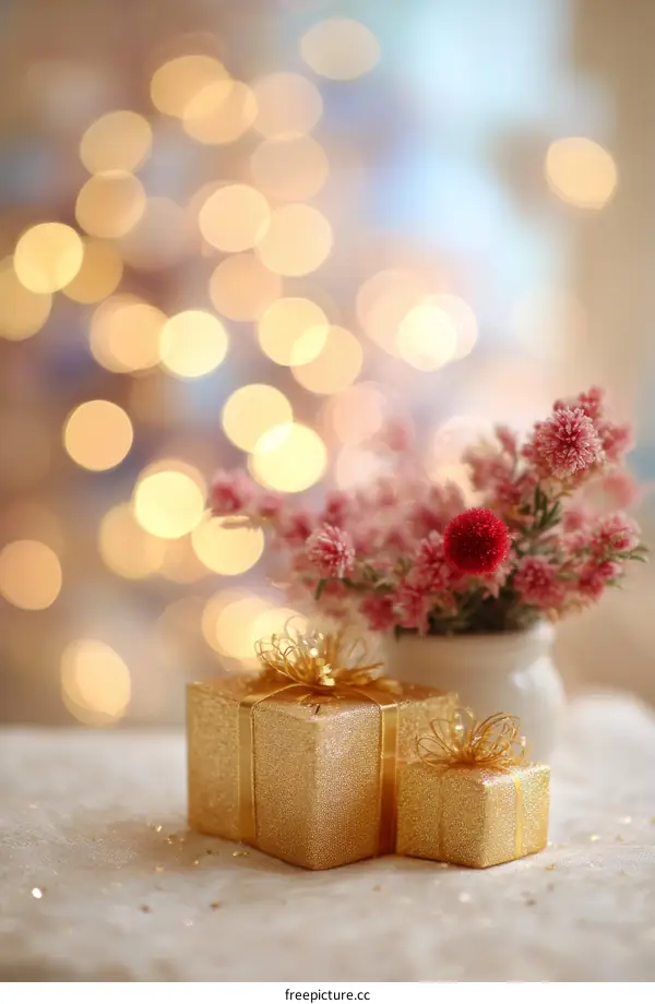 Golden Gift Boxes with Bokeh Background