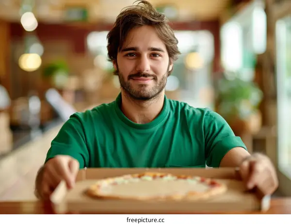 Smiling delivery man holding a pizza box