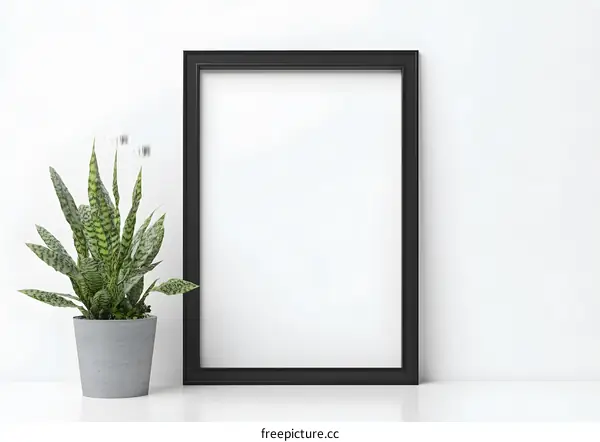 Black Picture Frame Mockup with Plant on White Wall