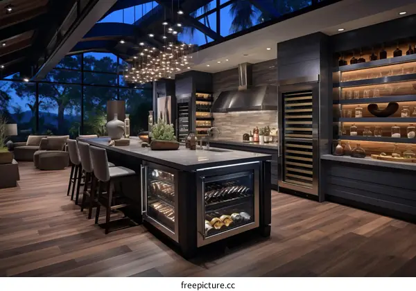 Modern kitchen with dark wood cabinets and stainless steel appliances