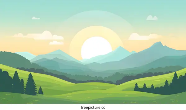 Sunrise Over Green Hills and Mountain Ranges Illustration
