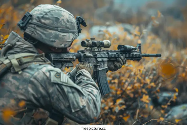 Soldier aiming his rifle in the forest